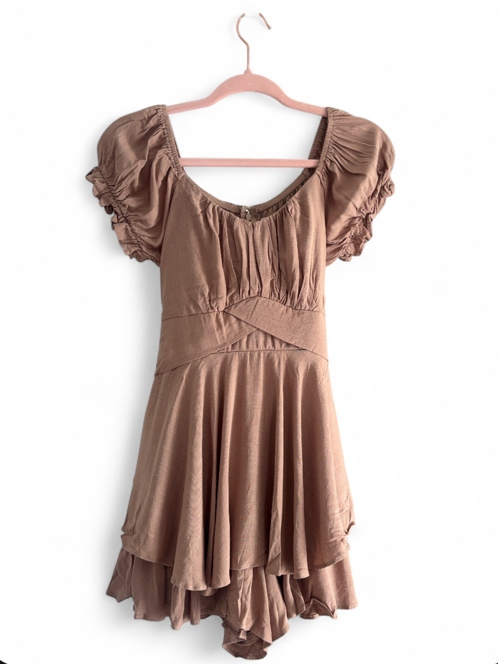 Altar'd State Taupe Haisley Double Layered Romper Mini Puff-Sleeve Tiered Size L